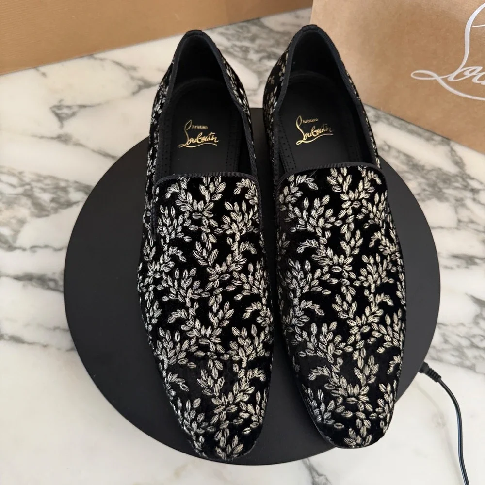 Christian Louboutin 1240896 Dandy Chick Orlato Shoe, Embroidered Black Velvet 42